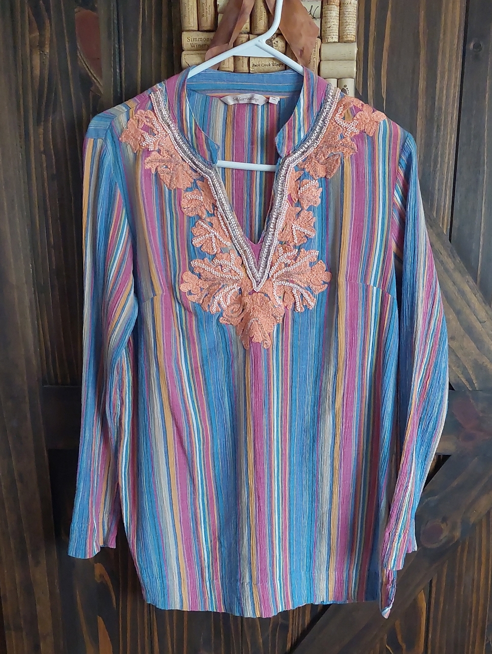 Soft Surroundings Striped Multicolor Embroidered V-Neck Tunic Top Size Small